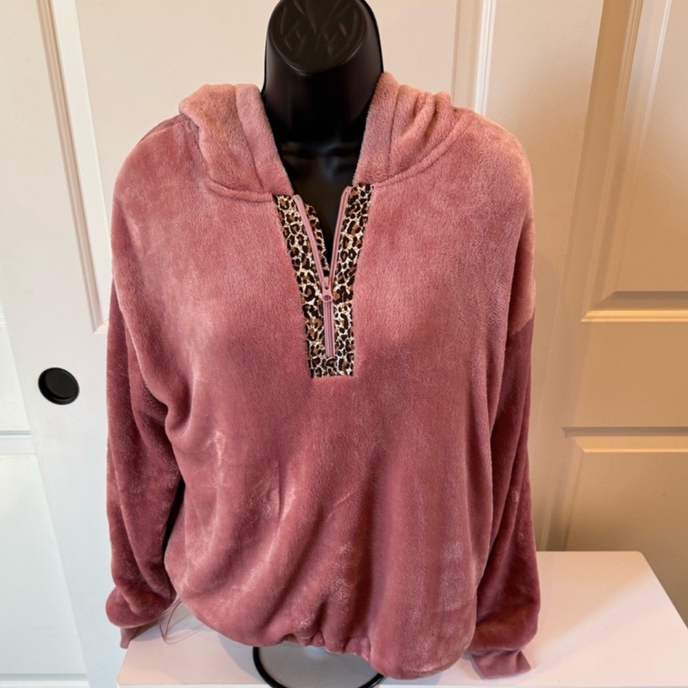 Sunday in Brooklyn Mauve Hoodie with Leopard Trim - Preloved